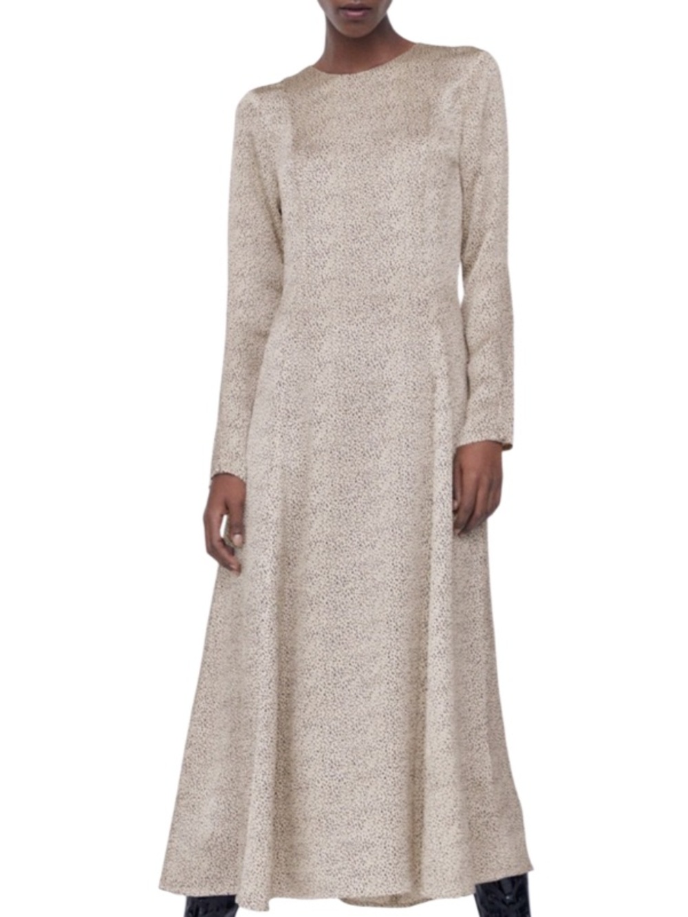 Zara Ecru Long-Sleeve Midi Dress with Subtle Spot Print